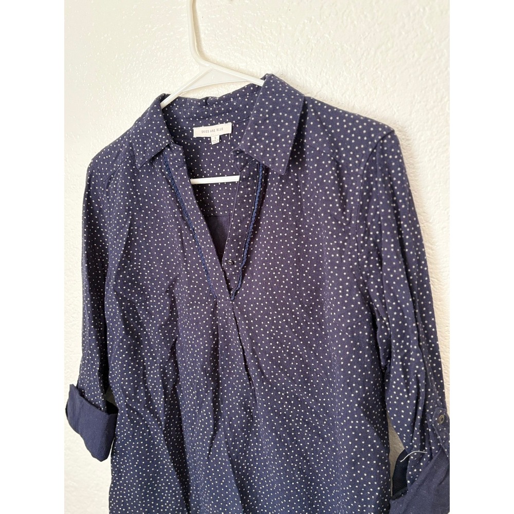 Skies Are Blue Polka Dot Roll Tab Sleeve Button Collar Shirt Preppy Classic Sz S